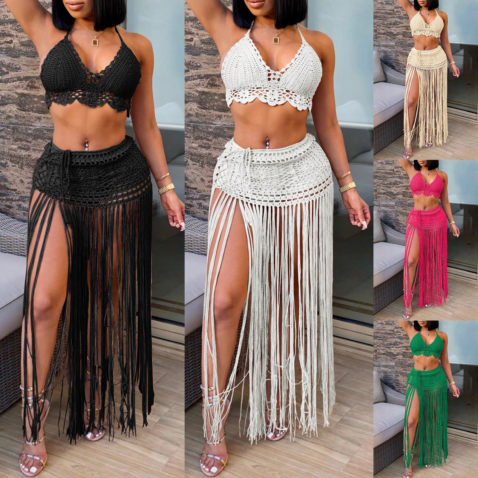 Damen gehäkeltes Strand-Outfit mit fransigen Details R&B