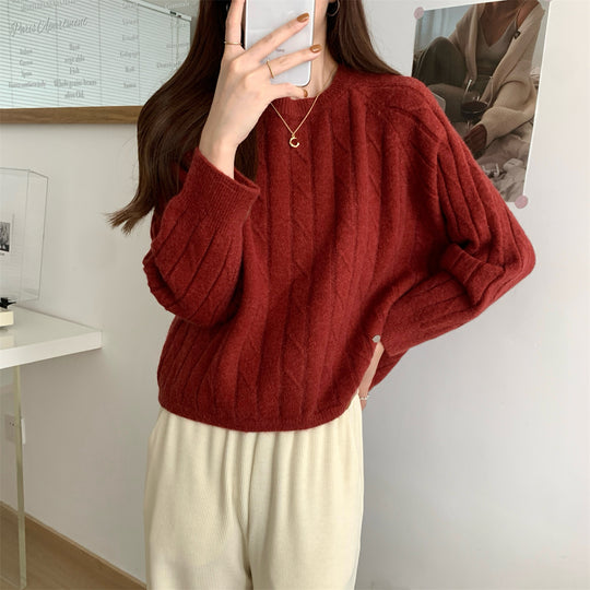 Damen Grob gestrickter Sweater mit Rundhalsausschnitt und lässiger Passform R&B