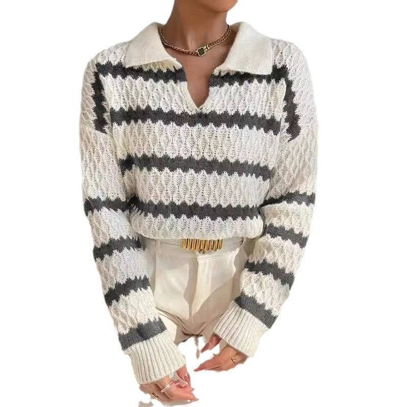 Damen Strickpullover im lässigen Stil mit strukturiertem V-Ausschnitt und hellen Akzenten R&B