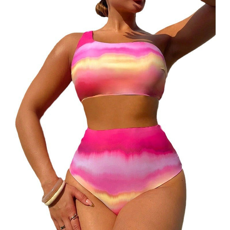 Damen Hochtailliertes Bikini-Set mit asymmetrischem Top und farbenfrohem Farbverlauf