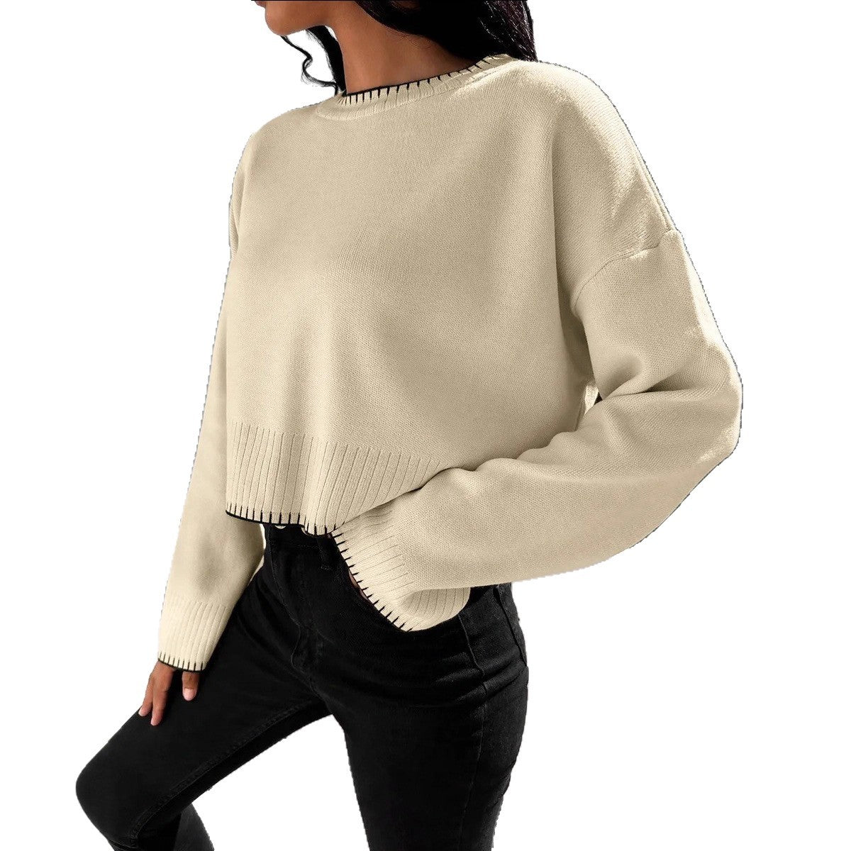 Damen Cropped Strickpullover mit feiner Rippenstruktur und lässigem Schnitt R&B