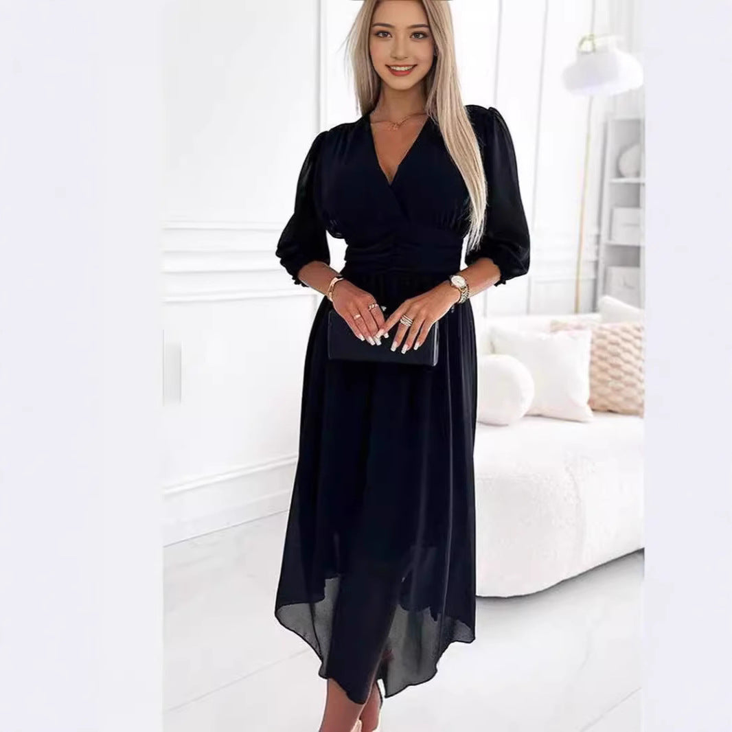 Damen Midikleid mit raffiniertem V-Ausschnitt und Puffärmeln R&B