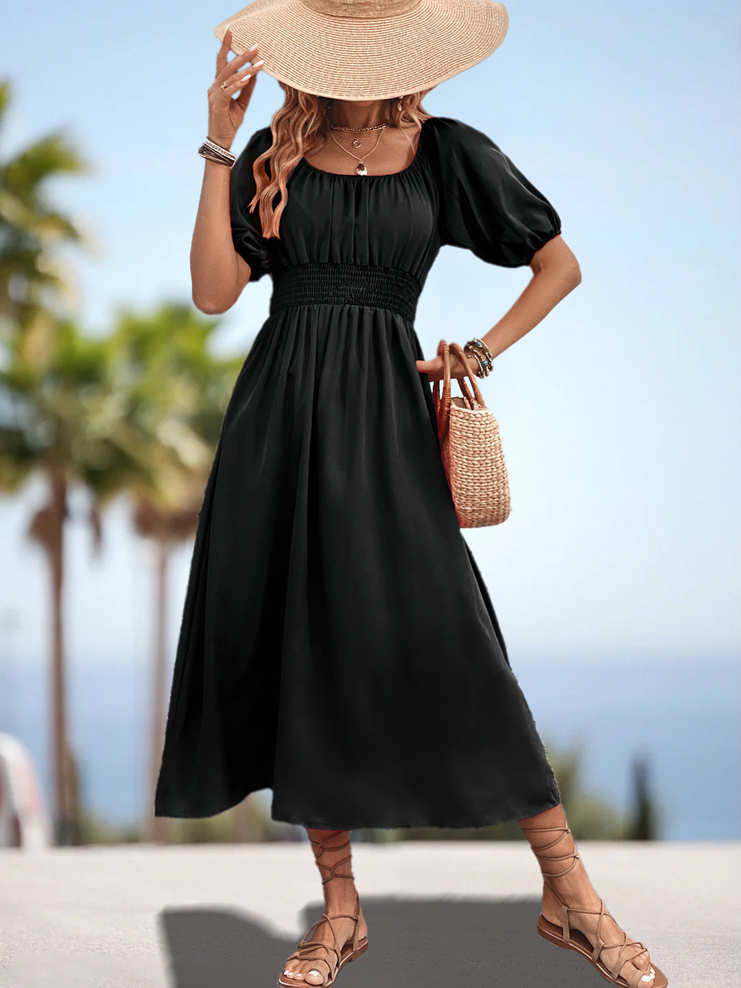 Damen Off-Shoulder Midi-Kleid mit elastischem Bund und voluminösen Ärmeln R&B