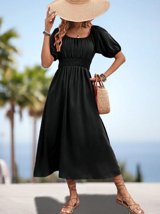 Damen Off-Shoulder Midi-Kleid mit elastischem Bund und voluminösen Ärmeln R&B