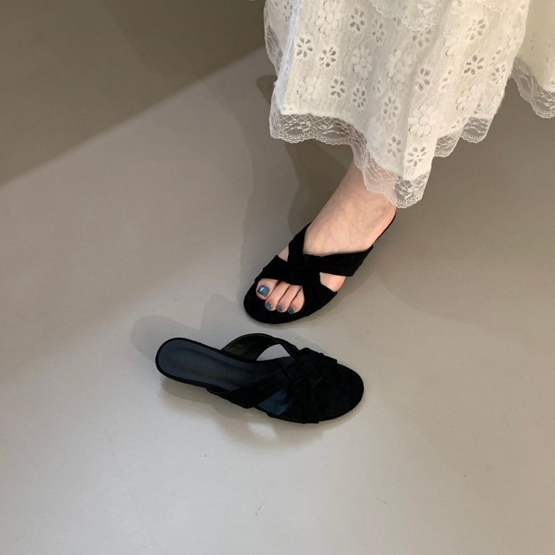 Damen offene Mules mit zarten Riemen und dekorativer Schleife R&B
