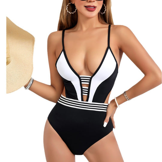 Damen Sportlicher Einteiler Badeanzug mit tiefem V-Ausschnitt und seitlichen Cut-Outs R&B