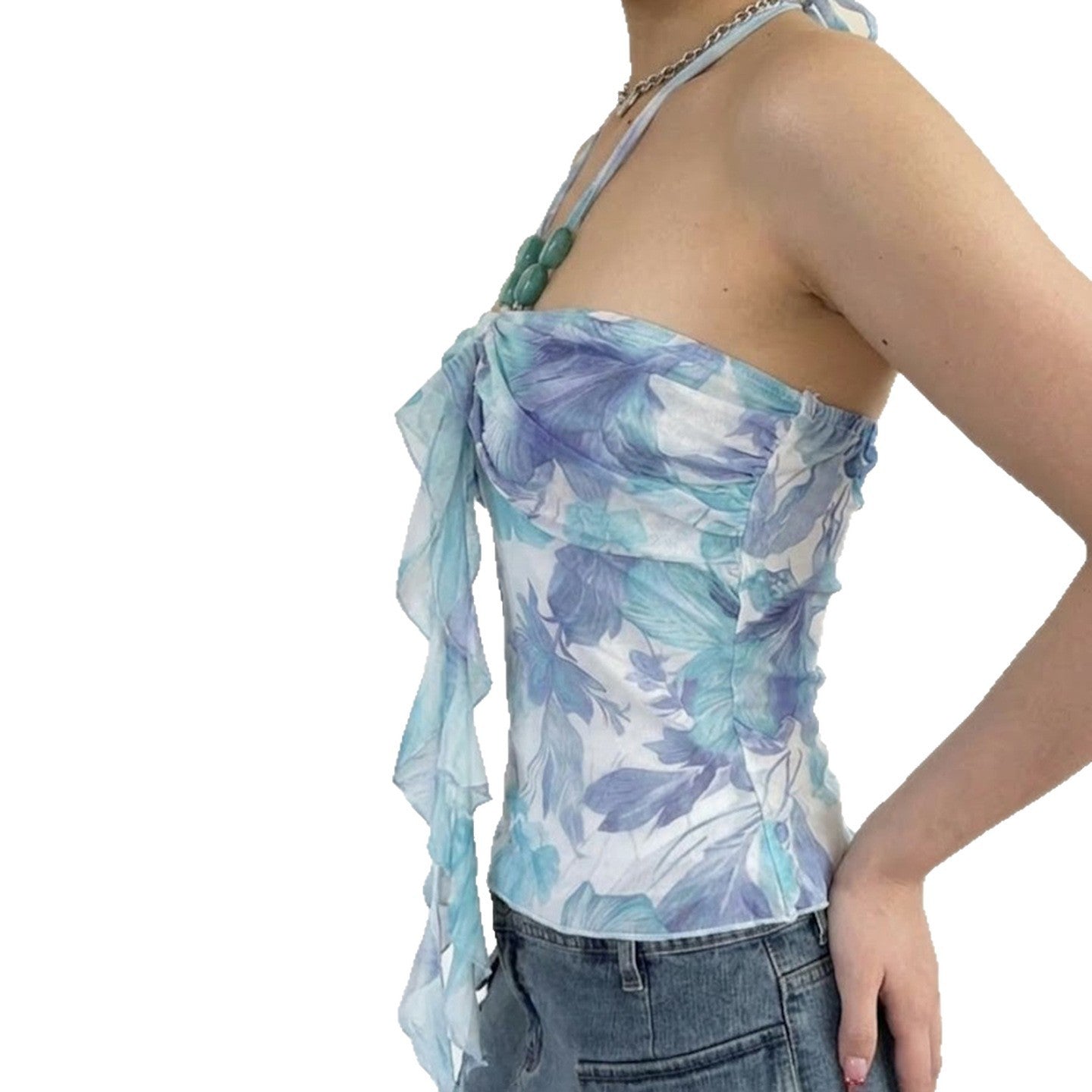 Damen Spaghetti-Trägertop mit floralen Einsätzen und transparenten Rüschen R&B