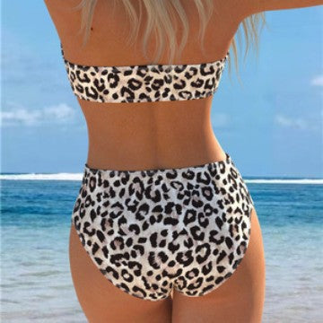 Damen Bandeau-Bikini mit hohem Taillenschnitt und stilvollem Leopardenmuster R&B