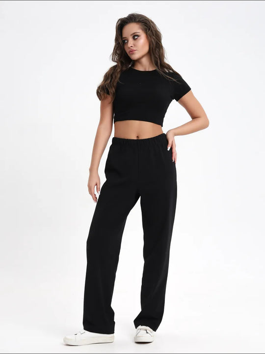 Damen lässiges Set mit cropped Oberteil und weiten Stoffhosen R&B