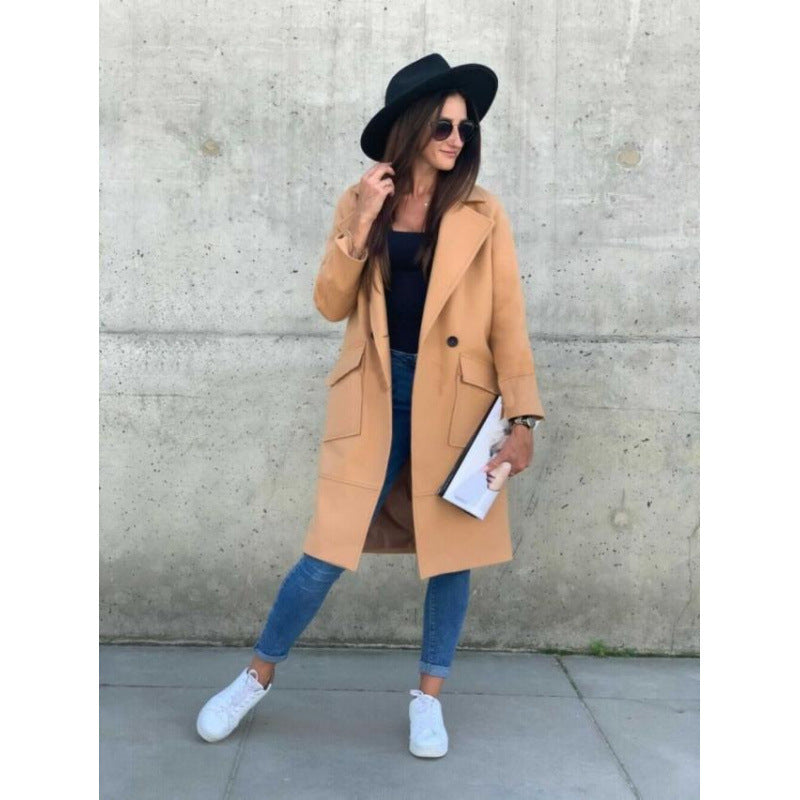 Damen Modischer Longblazer mit tiefem Revers und praktischen Taschen R&B