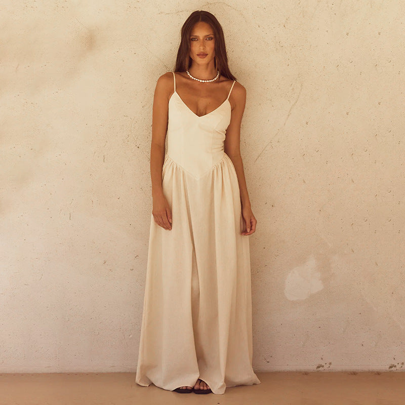 Damen elegantes Maxikleid mit feinen Spaghettiträgern und fließendem Rock EB