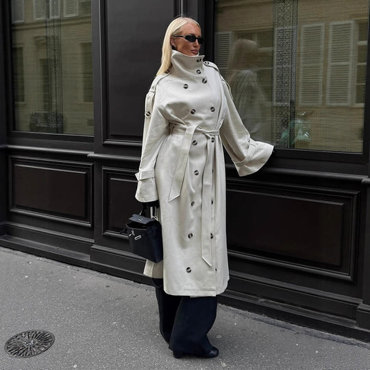Damen eleganter Mantel mit hohem Kragen und taillierbarem Gürtel R&B