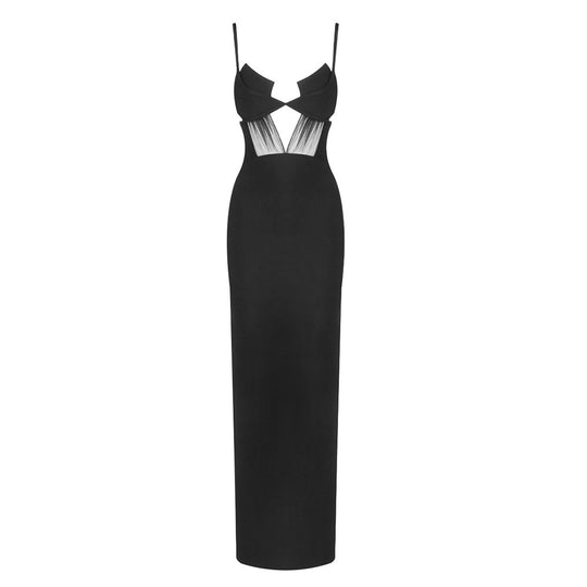 Damen elegantes Cut-Out Maxikleid mit tiefem V-Ausschnitt und transparenten Akzenten R&B