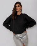 Damen cropped Strickpullover mit voluminösen Ärmeln und Rundhalsausschnitt R&B