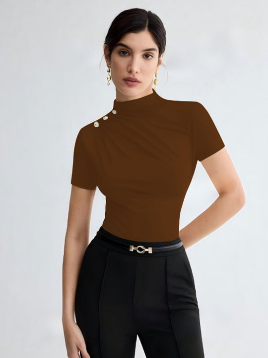 Damen elegantes Oberteil mit dekorativen Knopfdetails und modernem Stehkragen R&B