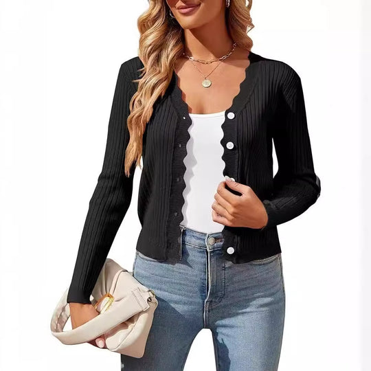 Damen elegante Strickjacke mit Wellenkante R&B