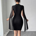 Damen Kleid mit transparenten Ärmeln und floralen Applikationen R&B