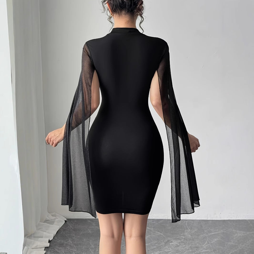 Damen Kleid mit transparenten Ärmeln und floralen Applikationen R&B
