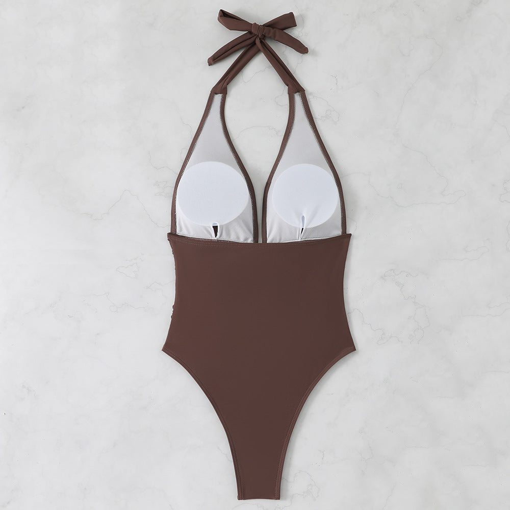 Damen Hoch geschnittener Badeanzug mit elegantem V-Ausschnitt und verspieltem Rüschendetail R&B