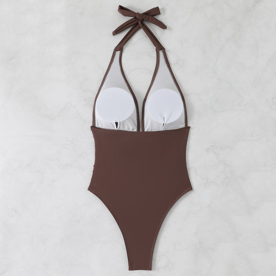 Damen Hoch geschnittener Badeanzug mit elegantem V-Ausschnitt und verspieltem Rüschendetail R&B