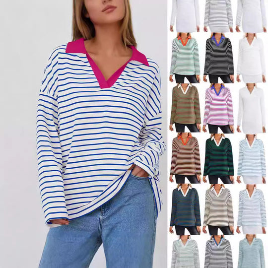 Damen gestreiftes Polo-Shirt mit V-Ausschnitt und kontrastierendem Kragen R&B