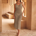 Damen Häkel-Midikleid mit raffiniertem Muster und elegantem Ausschnitt R&B