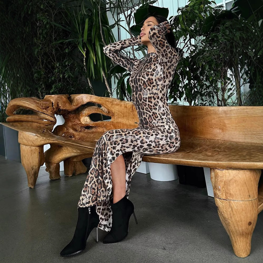 Damen Figurbetontes Maxikleid mit Leopardenmuster und hohem Schlitz R&B