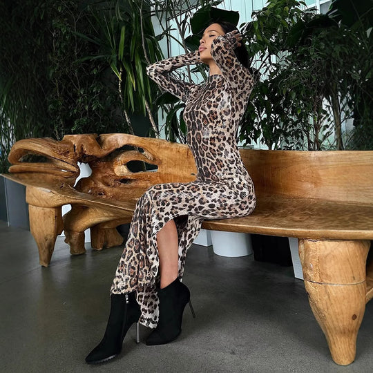 Damen Figurbetontes Maxikleid mit Leopardenmuster und hohem Schlitz R&B