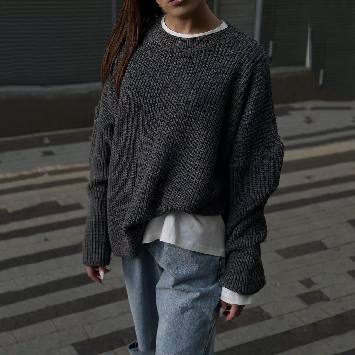 Damen Grobstrickpullover mit weitem Schnitt und lässigen Details R&B