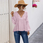 Damen lässige Bluse mit V-Ausschnitt und langen Puffärmeln R&B