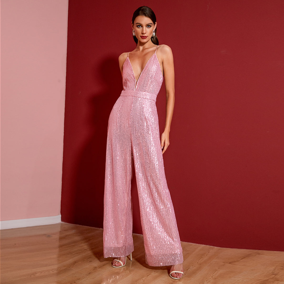 Damen Glitzernder Jumpsuit mit tiefem V-Ausschnitt und weitem Beinschnitt R&B