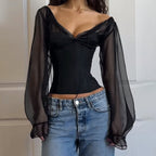 Damen elegantes Oberteil mit transparenten Ärmeln und schmaler Silhouette R&B