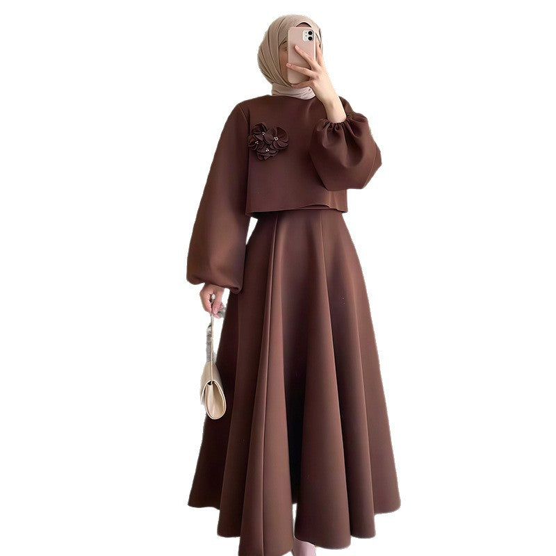 Damen Elegantes Maxi-Kleid mit Puffärmeln und dekorativem Blumen-Detail R&B