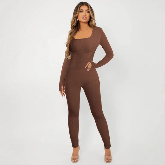 Damen Langarm Jumpsuit im eleganten Rippenmuster R&B