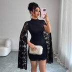 Damen nan tailliertes Spitzen-Minikleid mit hohem Stehkragen und dramatischen Cape-Ärmeln R&B