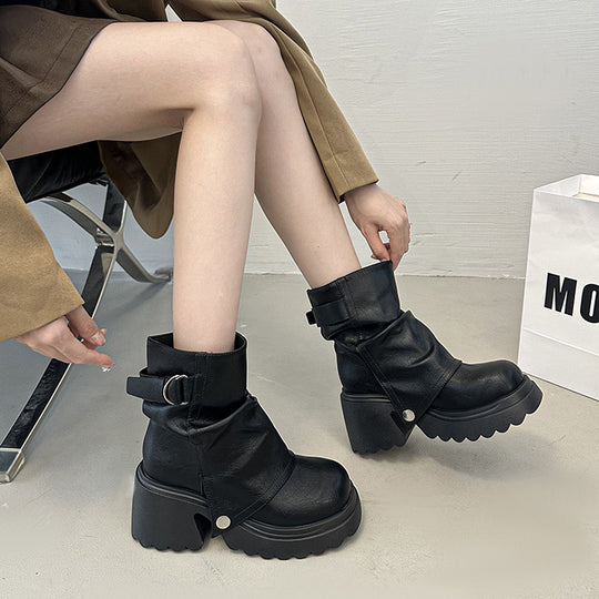 Damen modische Chunky-Boots mit dekorativem Riemen und stabiler Sohle R&B