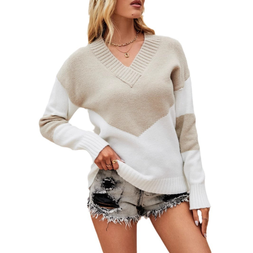 Damen V-Ausschnitt Pullover mit modernem Farbblockdesign R&B