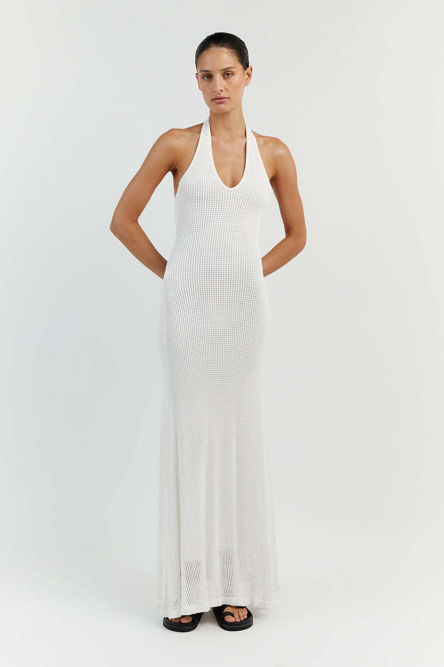Damen Maxikleid aus feinem Netzstrick mit tiefem V-Ausschnitt R&B