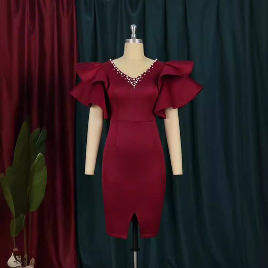 Damen figurbetontes Midi-Kleid mit voluminösen Rüschensäumen und Glitzerakzenten R&B