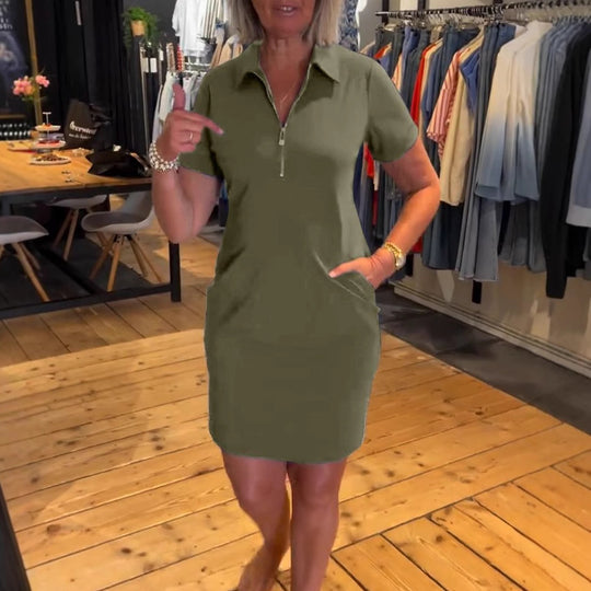 Damen nan legeres Polokleid mit Reißverschlusskragen, kurzen Ärmeln und praktischen Eingrifftaschen R&B
