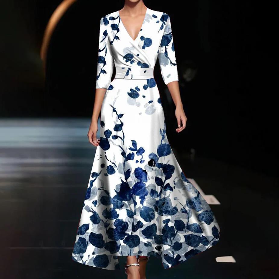 Damen Maxikleid mit floralem Design und schickem V-Ausschnitt R&B