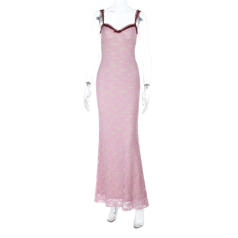 Damen Elegantes Spitzenmaxikleid mit feinem Trägerdesign