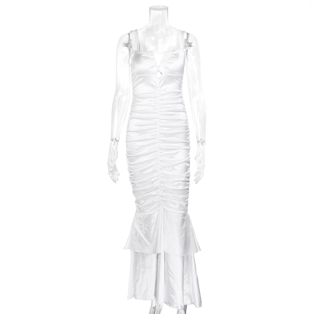 Damen Figurbetontes Satin-Maxi-Kleid mit Rüschendetails R&B