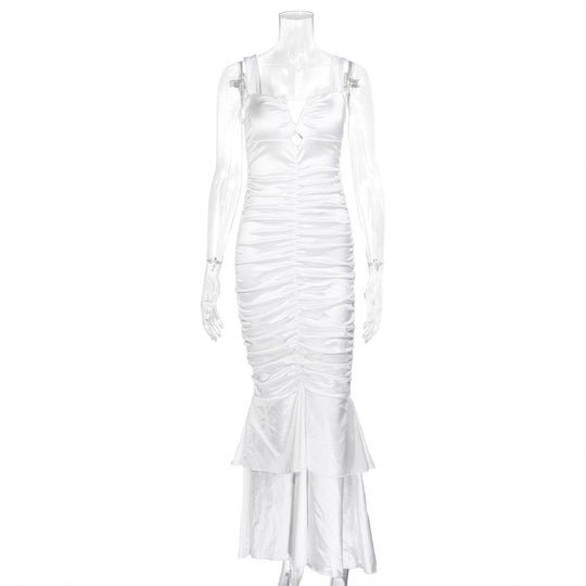 Damen Figurbetontes Satin-Maxi-Kleid mit Rüschendetails R&B