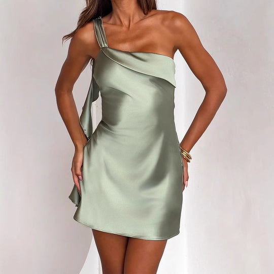 Damen Elegantes asymmetrisches Minikleid aus Satin R&B
