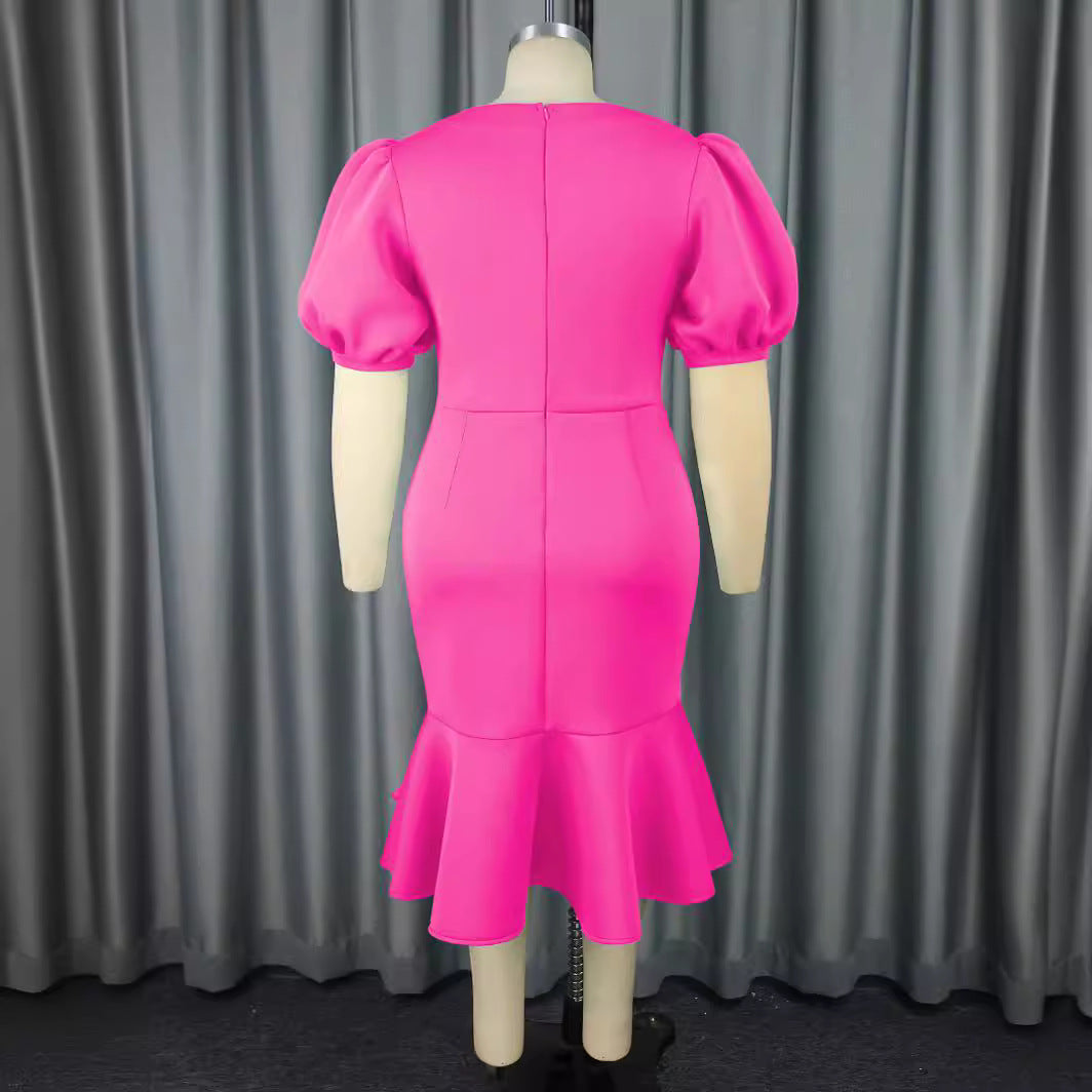Damen figurbetontes Kleid mit voluminösen Puffärmeln und elegantem Rüschenabschluss R&B