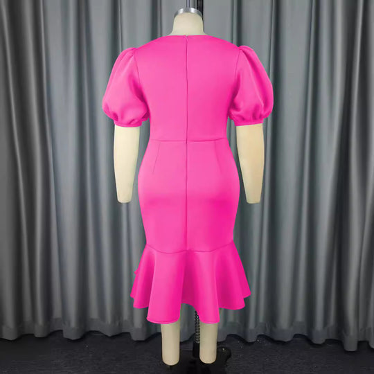 Damen figurbetontes Kleid mit voluminösen Puffärmeln und elegantem Rüschenabschluss R&B