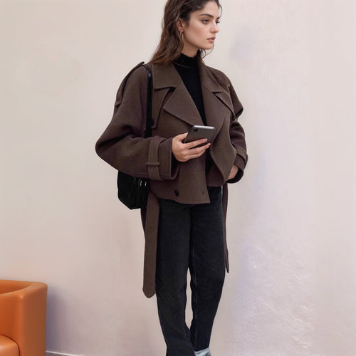 Damen modische cropped Jacke mit Doppelknopfverschluss und breitem Kragen R&B