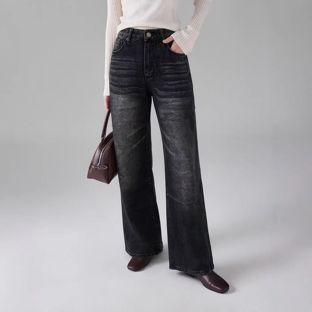 Damen weite High-Waist Jeans mit einzigartiger Textur R&B