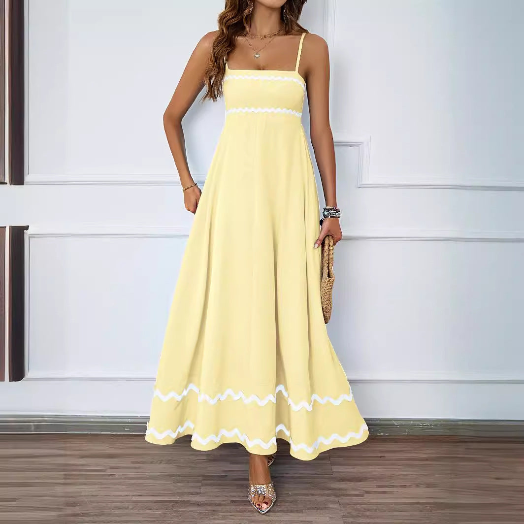 Damen Lange Maxi-Kleid mit Spaghetti-Trägern und dekorativem Saum R&B